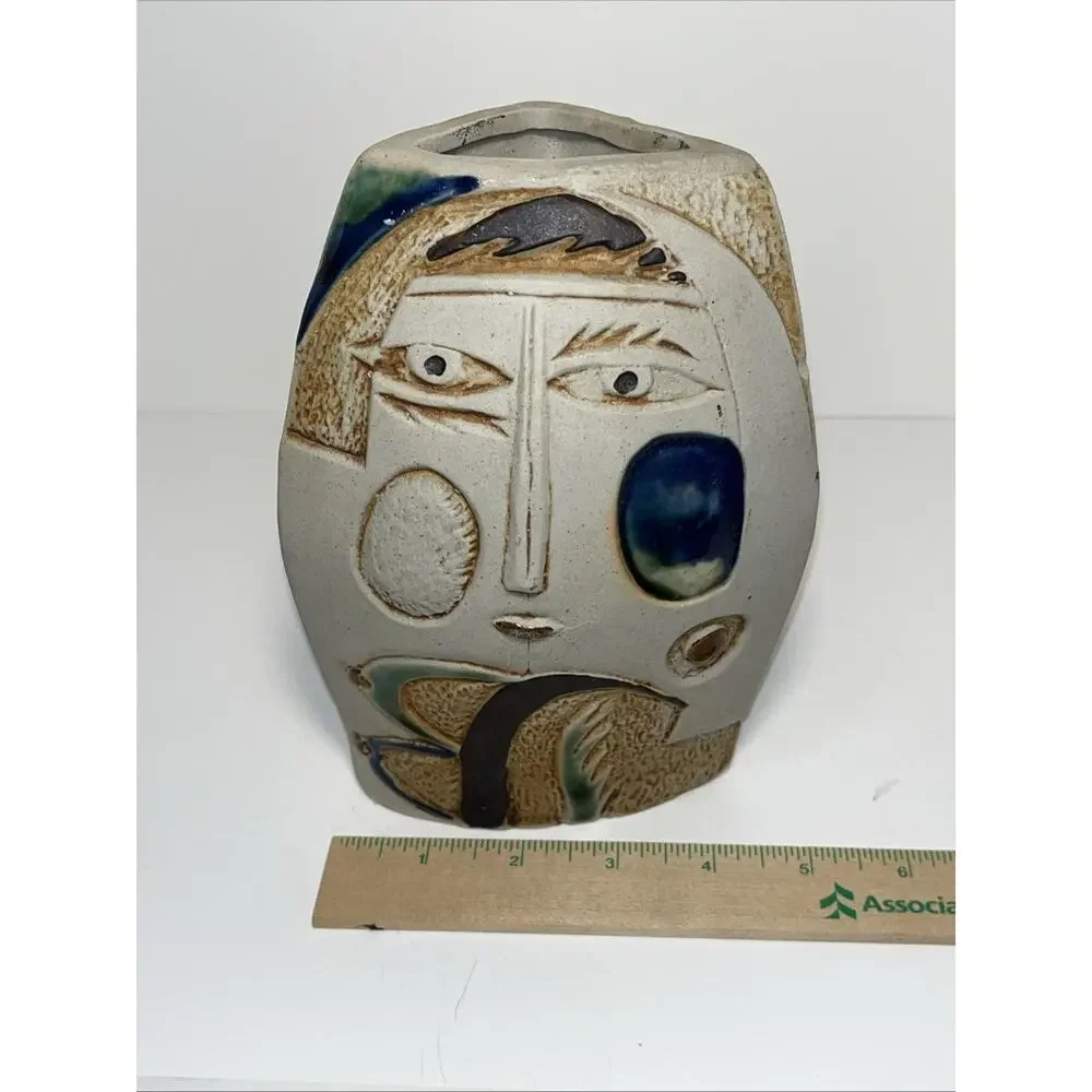 Vintage Modern Picasso Style Faces Vase 3 Sided 7 1/4” Tall script & figural